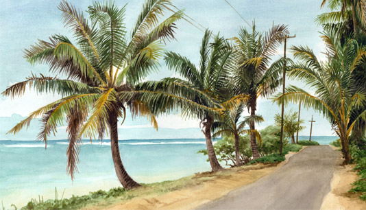 Anini Beach Road - Kauai watercolor painting by artist Emily Miller