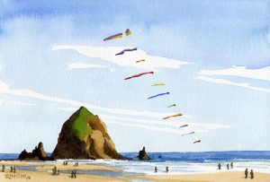 Kites at Cannon Beach - Oregon watercolor painting by artist Emily Miller