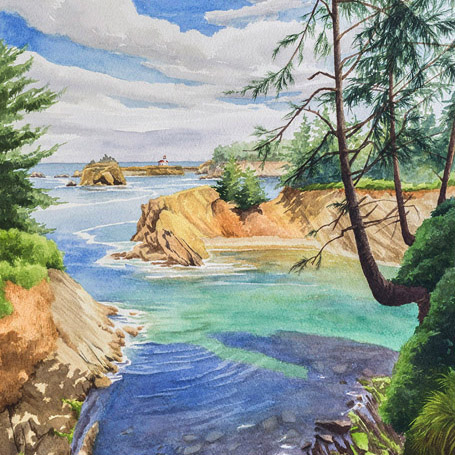 Cape Arago Lighthouse watercolor painting by Emily Miller