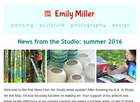 Email newsletter from Emily Miller fine art