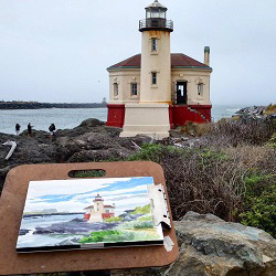 Artist Emily Miller painting en plein air on the Oregon coast