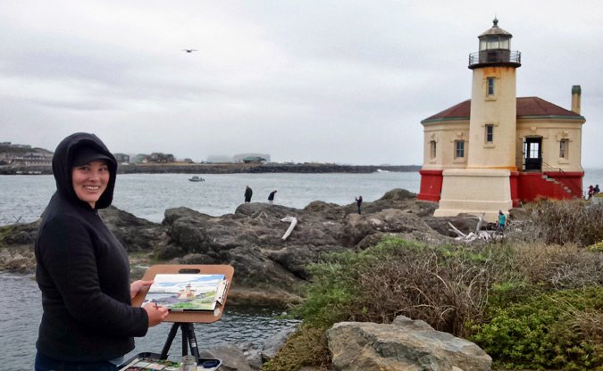 Artist Emily Miller painting en plein air on the Oregon coast