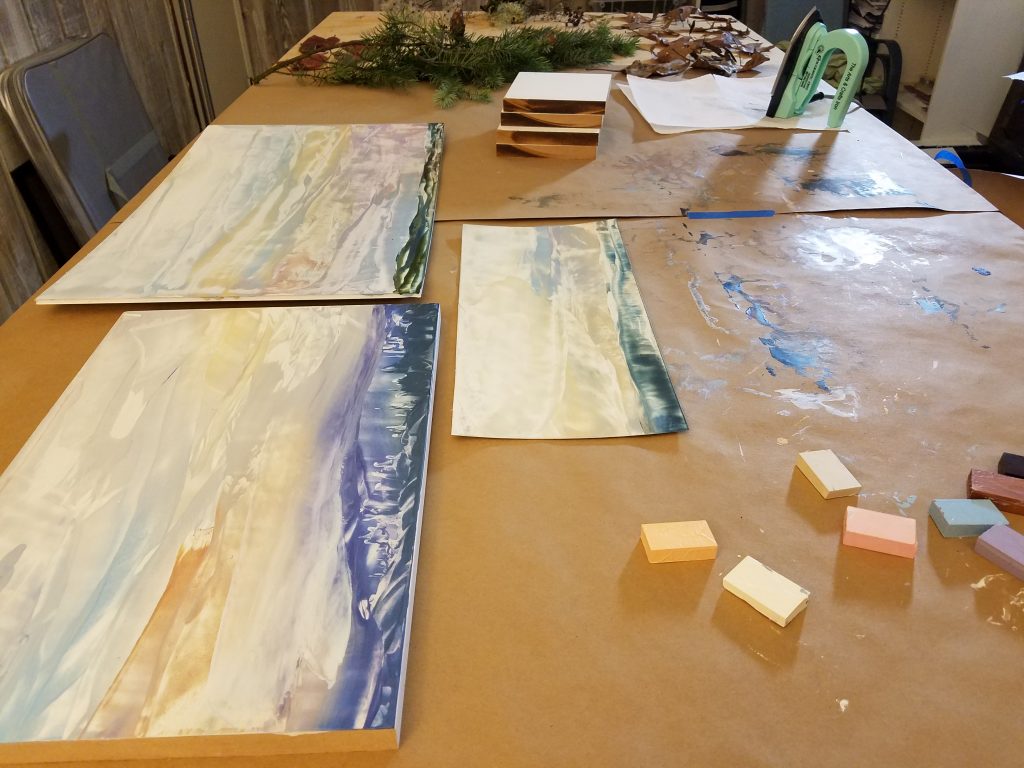 Encaustic wax painting work in progress by artist Emily Miller