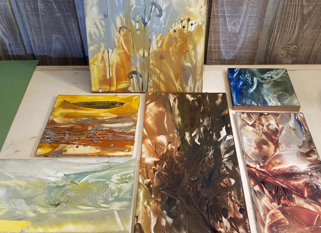 Encaustic wax paintings in progress by artist Emily Miller