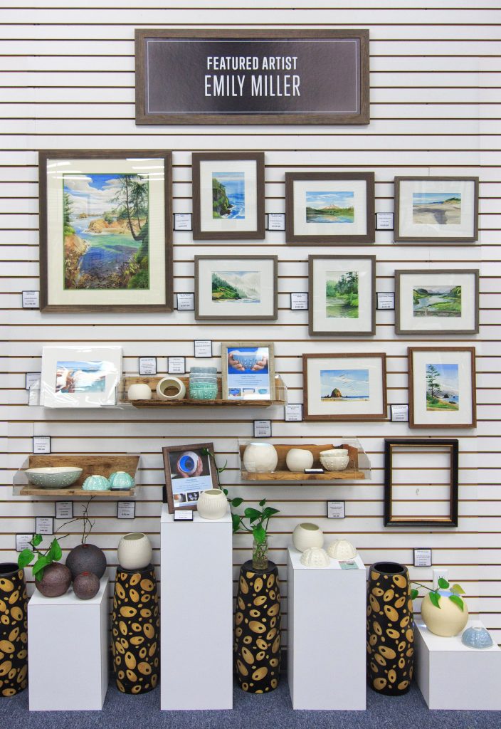 Ocean-inspired paintings and ceramics by artist Emily Miller at Frame Central, Beaverton, Oregon