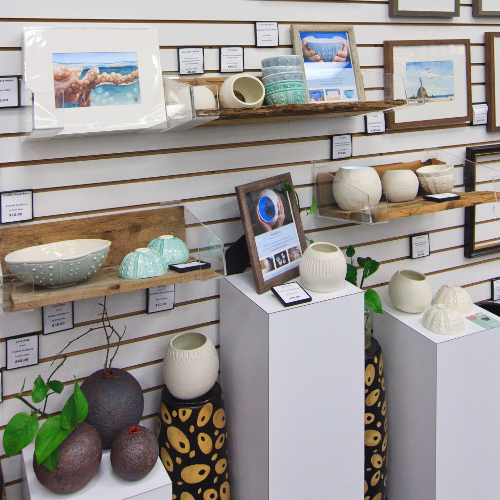 Ocean-inspired paintings and ceramics by artist Emily Miller at Frame Central, Beaverton, Oregon