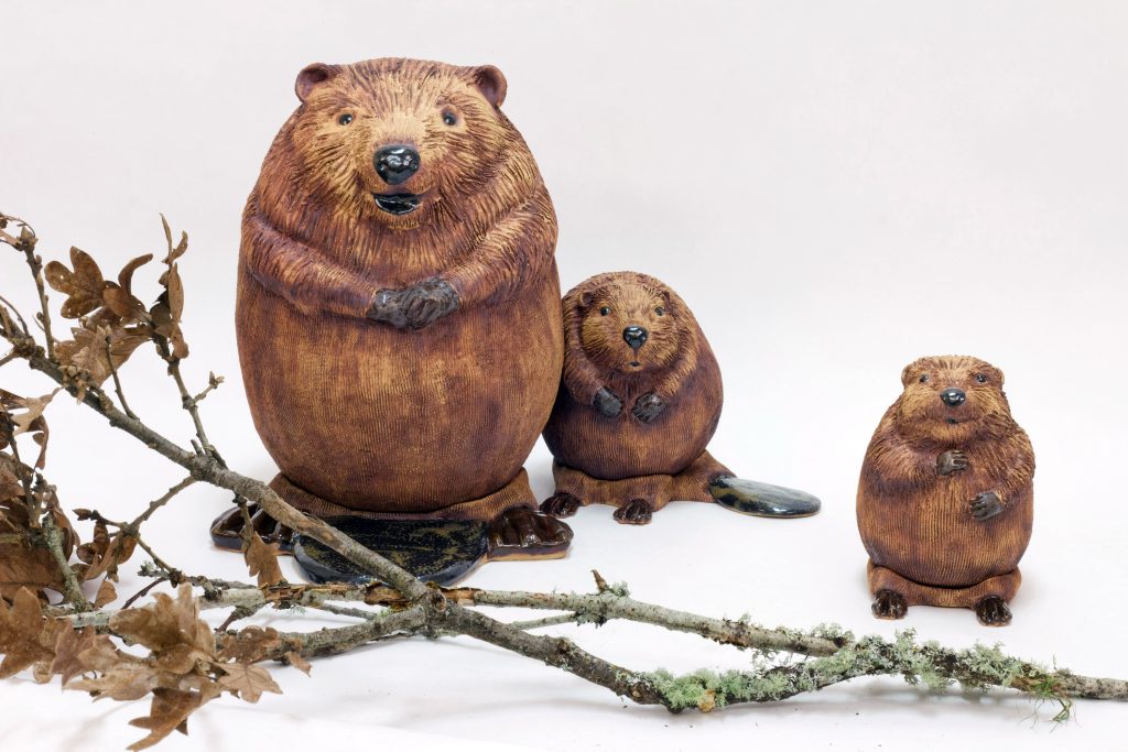 Beaver Family, ceramic sculpture by Oregon artist Emily Miller