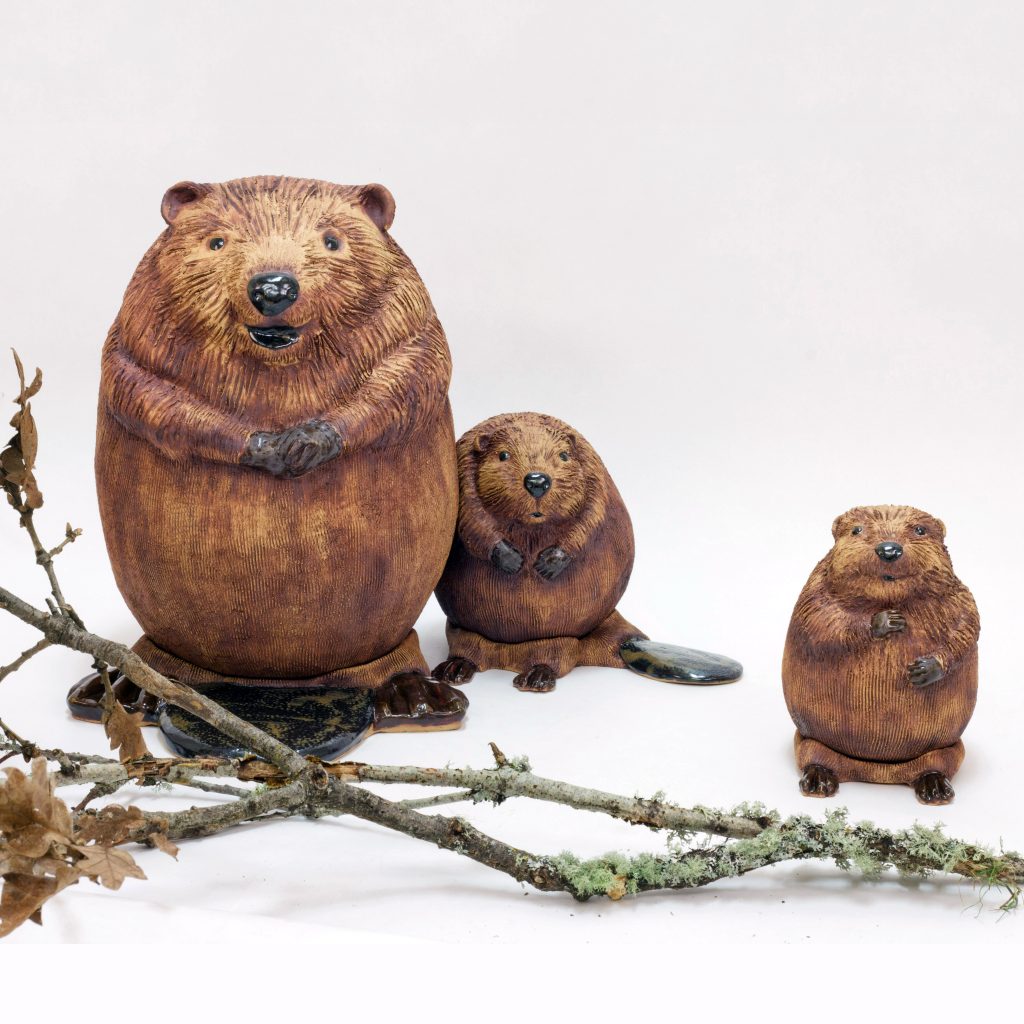 Beaver Family, ceramic sculpture by Oregon artist Emily Miller