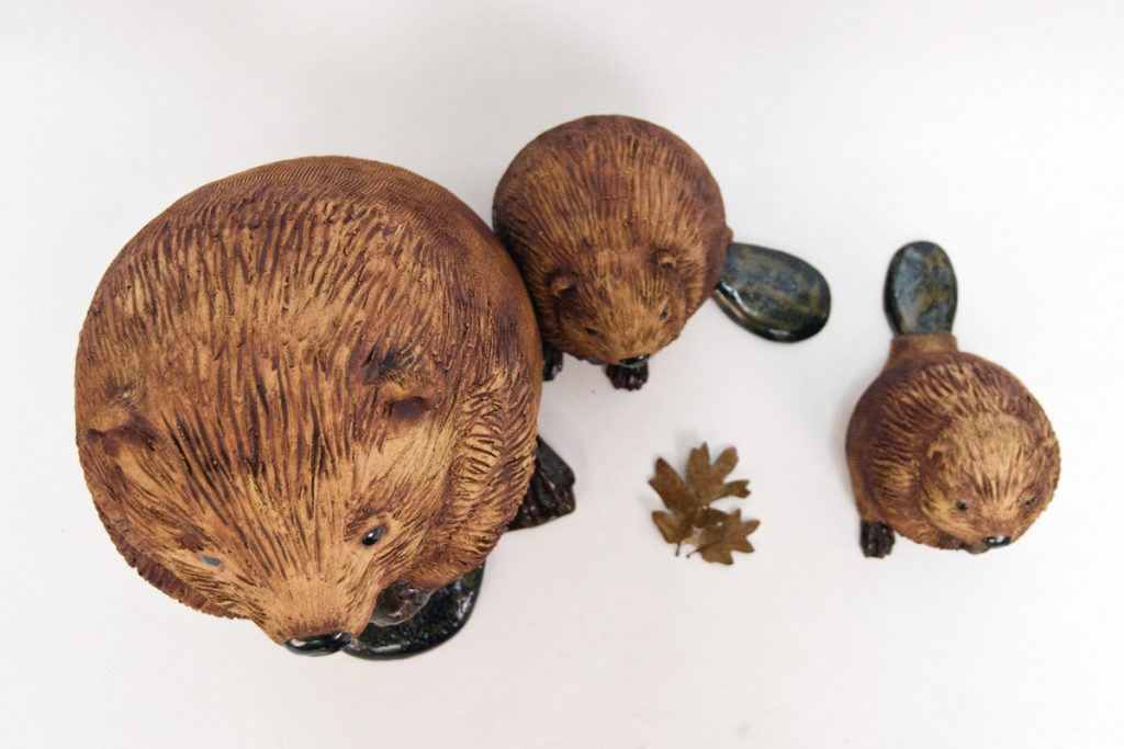 Beaver Family, ceramic sculpture by Oregon artist Emily Miller