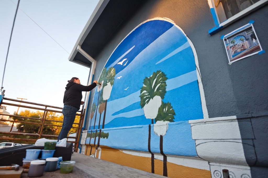 Mural painting on scaffolding