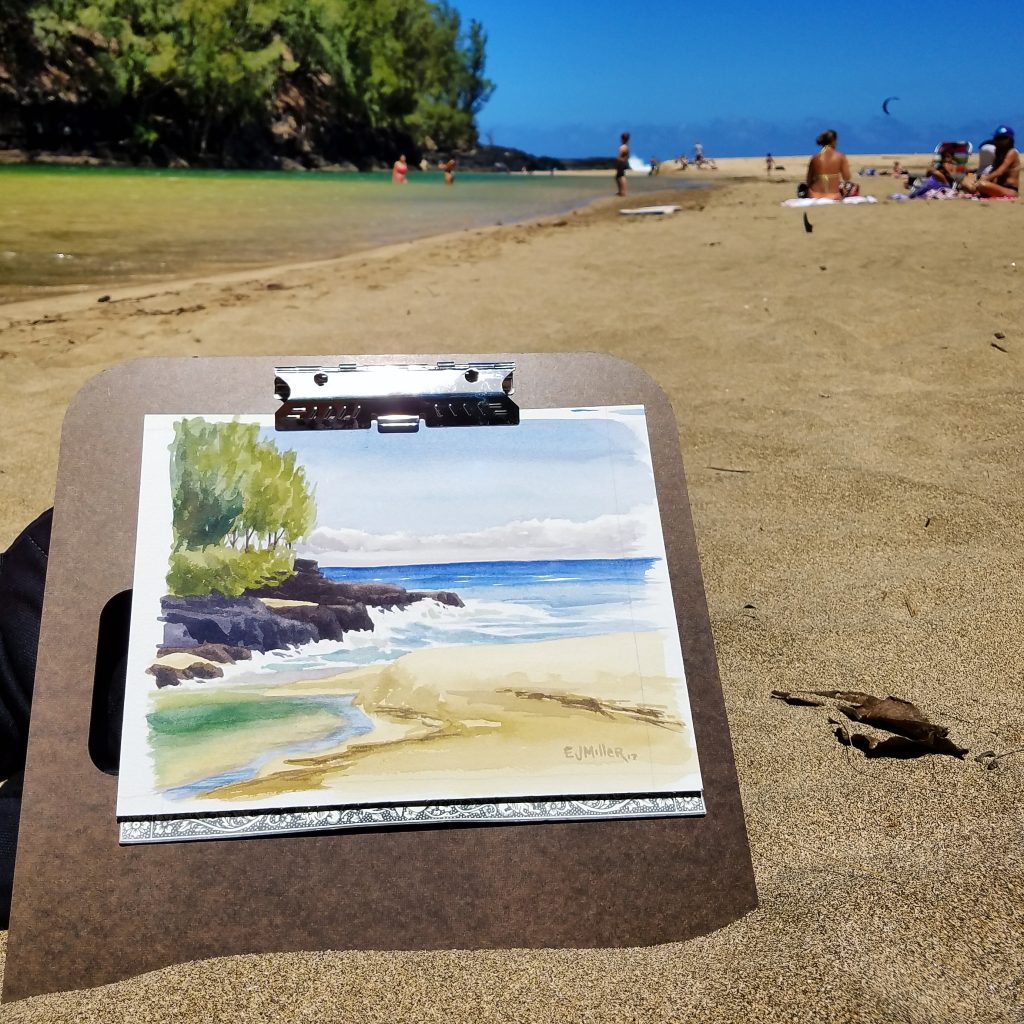 Lumahai River Mouth - plein air Kauai watercolor painting, Hawaii artwork by artist Emily Miller