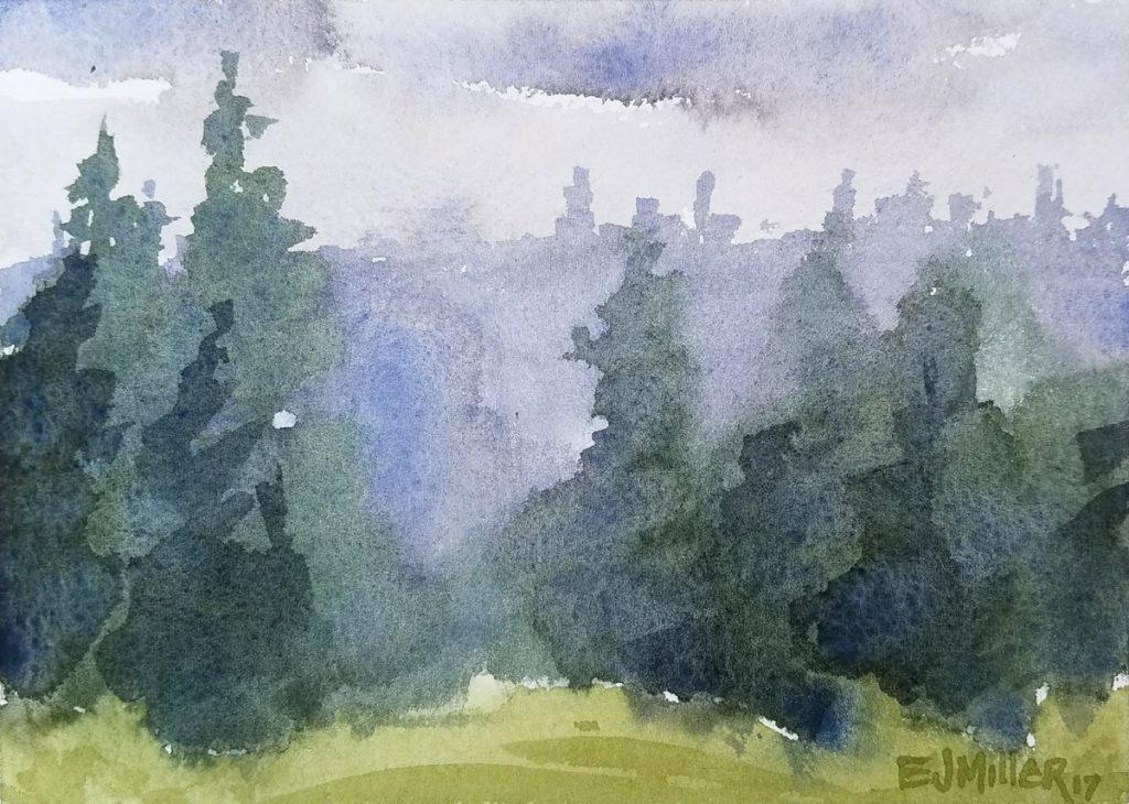 Evergreen Treeline, Oregon plein air watercolor painting by Emily Miller