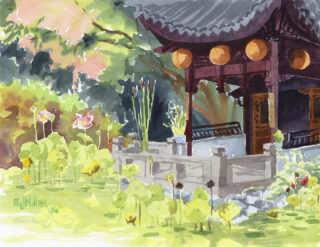 Mid Autumn at @lansuchinesegarden in downtown Portland Oregon, a few weeks ago. The last of the summer lotus were blooming, and orange lanterns hanging from all the roofs to welcome the season 🟠🧡🥮

Late Lotus at Mid-Autumn
11x14" plein air watercolor, 2026
Prints + original on my website www.EmilyJungMiller.com/latest
.
.
.
#lansuchinesegarden #portlandchinesegarden #lansu #chinesegarden #midautumnfestival #allaprima #pleinair #pleinairwatercolor #watercolor #watercolour #watercolorart #oregonartist #portlandartist #pdxartist