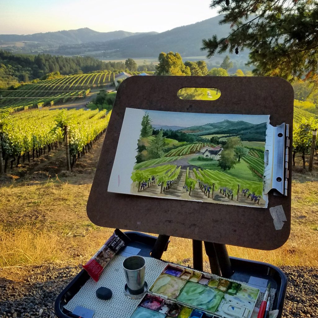 Plein air watercolor painting, Oregon