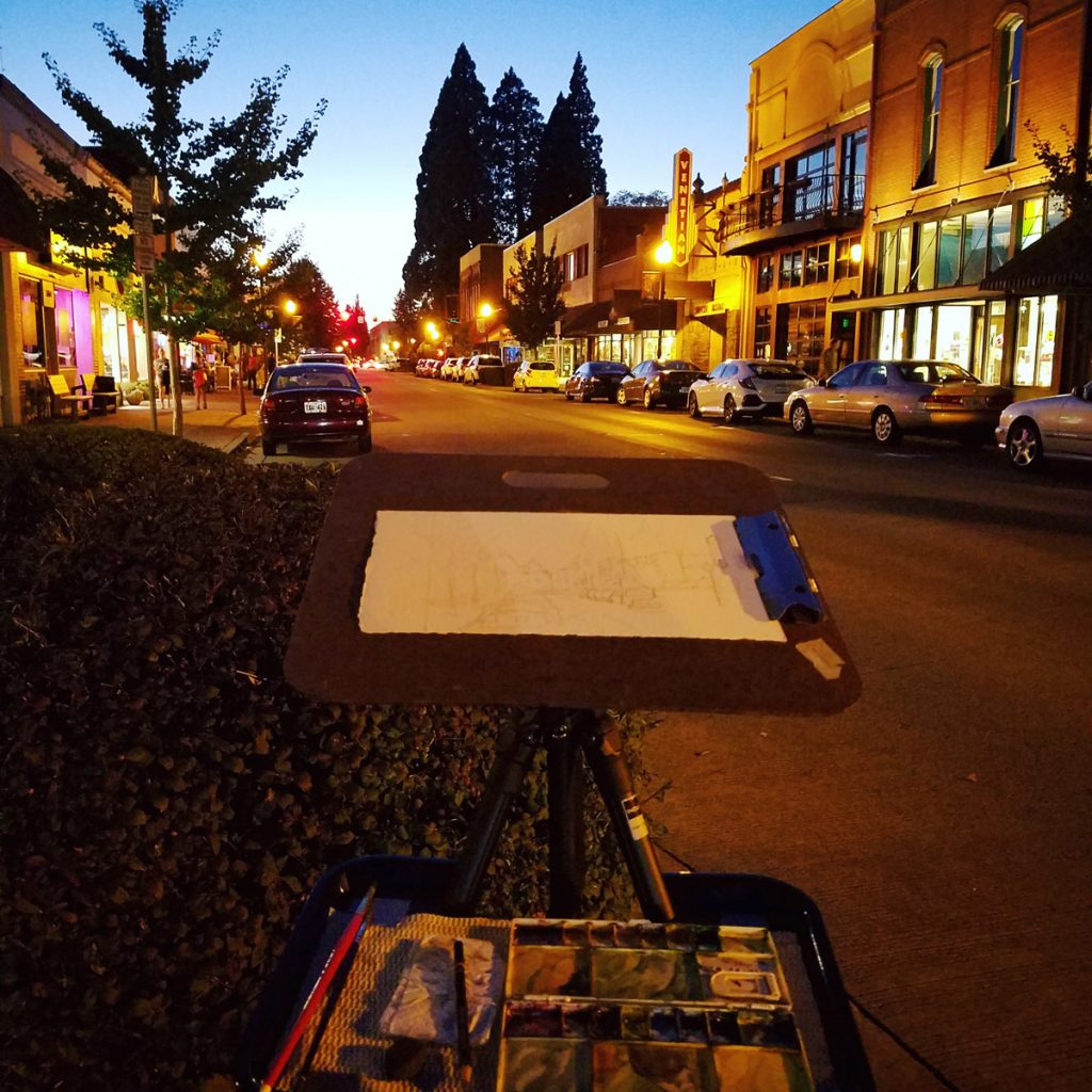 Plein air watercolor painting, Oregon