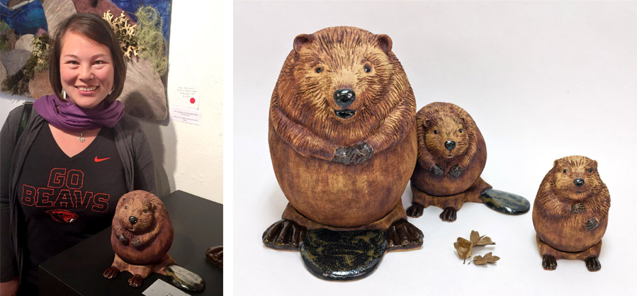 Beaver Family, ceramic sculpture by Oregon artist Emily Miller