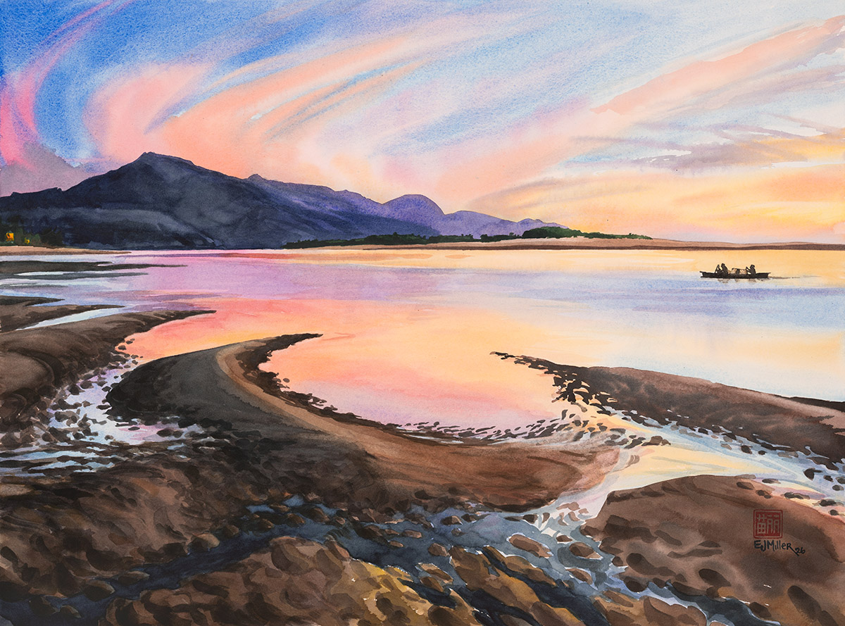 Netarts Bay Sunset
18x24" watercolor, 2026

* Original painting available at @rentalsalesgallerypam for rental and purchase
* Prints available on my website

"Netarts Bay Sunset" is included in Rental Sales Gallery's Fall Show, opening this Friday Sept 25 from 4-7pm and continuing thru October 31.

On this evening, a canoe laden with crab pots is silhouetted against the colorful waters, gliding home with their catch before last light. Low tide reveals ripples and currents carved into the sandy shore in this view from Happy Camp Beach.

Netarts has been one of my favorite places since I moved to Oregon from Kauai 12 years ago. Somehow this is the first time I've painted the view from Happy Camp.
.
.
.
#netartsbay #netartsoregon #happycamp #tillamookcoast #tillamookoregon #crabbing #watercolor #watercolour #aquarelle #watercolorart #watercolorartist #portlandartist #pdxartist #oregonartist #pnwonderland #northwestisbest