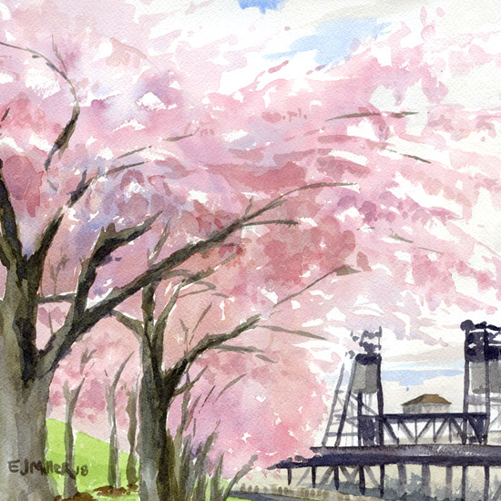 Cherry Blossoms at Portland Waterfront, Oregon watercolor painting