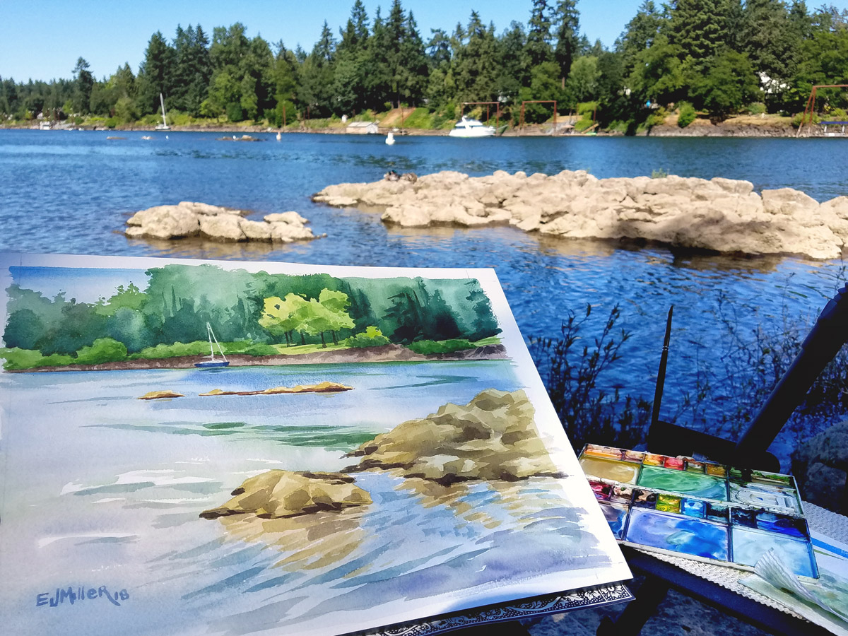 Plein air watercolor painting in Lake Oswego, Oregon artwork by Emily Miller