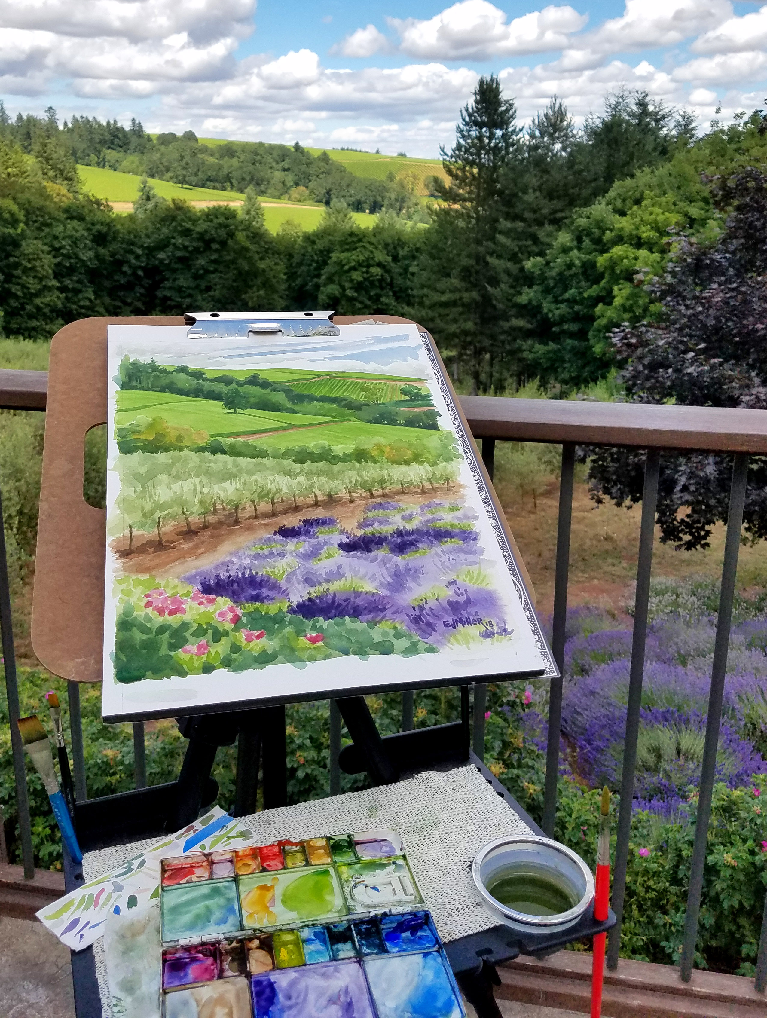 Plein air watercolor painting at Oregon lavender fields