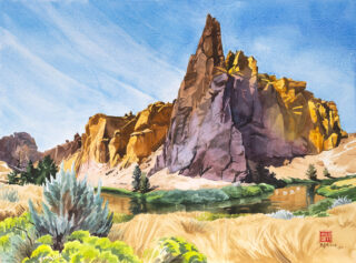 Smith Rock ~ Animal Village
18x24" watercolor, 2026

* Original painting available at @rentalsalesgallerypam for rental and purchase
* Prints available on my website
* 20% of my profits will go to @warmspringswatercoalition 

"Smith Rock ~ Animal Village" is included in Rental Sales Gallery's Spring Show, opening ✨tonight✨ April 24 from 4-7pm and continuing thru May 30.

This painting's title comes from a 2022 interview between @tarakerzhner and @lennecefer hosted by @nativesoutdoors about Native relationships with the place also known as Smith Rock, near Bend, in central Oregon's high desert. (Interview link in my bio.) The legends of Animal Village reflect the rich wildlife found here, and the long history and presence of the Northern Paiute.

I first visited Animal Village in 2023, walked the trails, and took reference photos for this painting. When I visit a new place, I'm curious about its history and naming. I found several conflicting and vague references to the Smith Rock name. Learning about the traditional name for this place, Animal Village, felt aligned with this incredible environment.

The linked interview also includes an animated video of the Animal Village place name story, narrated by Elder Wilson Wewa, Warm Springs Paiute Tribe's oral historian. Wewa's oral histories are collected in the book "Legends of the Northern Paiute," which includes the excellent chapter "Why Badger is Flat and Mean," involving Coyote, dancing, and farts.
.
.
.
#smithrock #smithrockoregon #bendoregon #oregonlandscape #watercolor #watercolour #aquarelle #watercolorart #watercolorartist #portlandartist #pdxartist #oregonartist