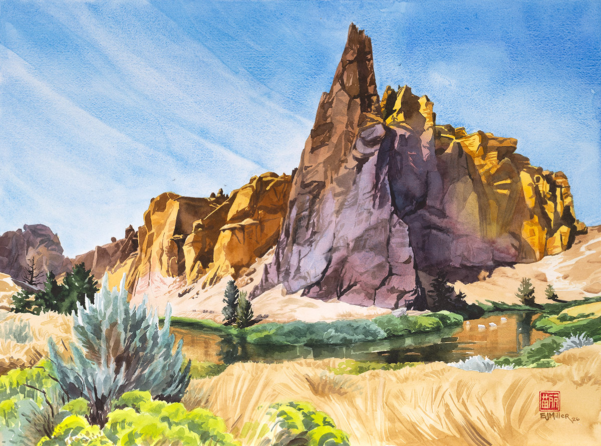 Smith Rock ~ Animal Village
18x24" watercolor, 2026

* Original painting available at @rentalsalesgallerypam for rental and purchase
* Prints available on my website
* 20% of my profits will go to @warmspringswatercoalition 

"Smith Rock ~ Animal Village" is included in Rental Sales Gallery's Spring Show, opening ✨tonight✨ April 24 from 4-7pm and continuing thru May 30.

This painting's title comes from a 2022 interview between @tarakerzhner and @lennecefer hosted by @nativesoutdoors about Native relationships with the place also known as Smith Rock, near Bend, in central Oregon's high desert. (Interview link in my bio.) The legends of Animal Village reflect the rich wildlife found here, and the long history and presence of the Northern Paiute.

I first visited Animal Village in 2023, walked the trails, and took reference photos for this painting. When I visit a new place, I'm curious about its history and naming. I found several conflicting and vague references to the Smith Rock name. Learning about the traditional name for this place, Animal Village, felt aligned with this incredible environment.

The linked interview also includes an animated video of the Animal Village place name story, narrated by Elder Wilson Wewa, Warm Springs Paiute Tribe's oral historian. Wewa's oral histories are collected in the book "Legends of the Northern Paiute," which includes the excellent chapter "Why Badger is Flat and Mean," involving Coyote, dancing, and farts.
.
.
.
#smithrock #smithrockoregon #bendoregon #oregonlandscape #watercolor #watercolour #aquarelle #watercolorart #watercolorartist #portlandartist #pdxartist #oregonartist