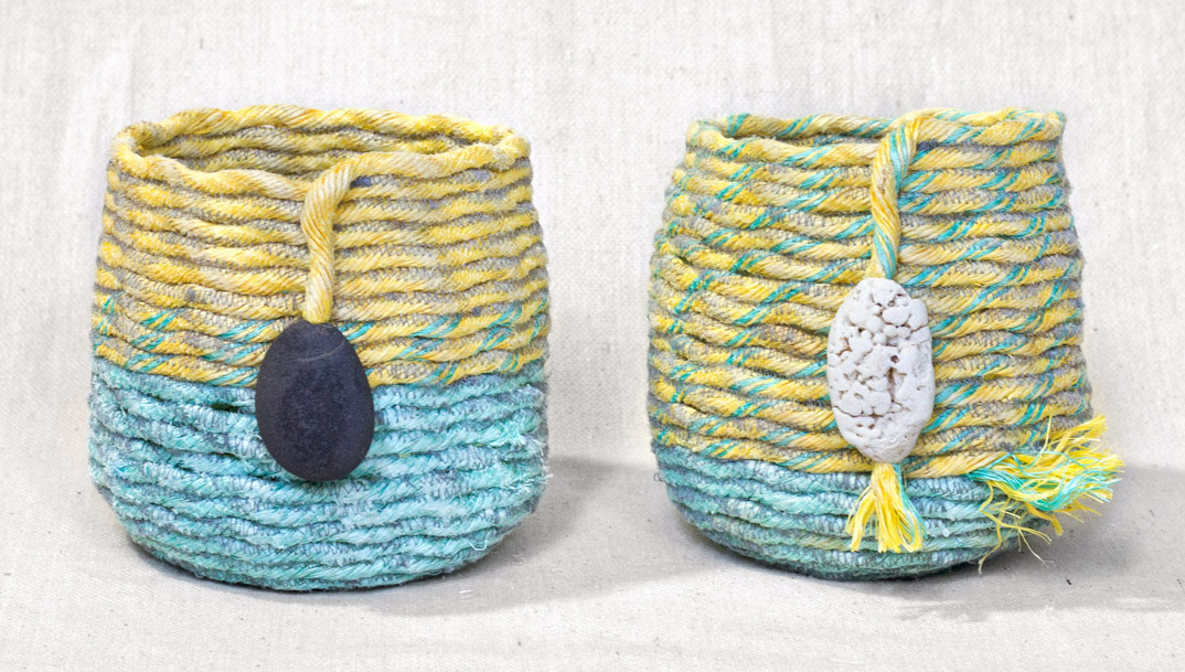 Beehive Baskets, ghost net fishing rope baskets, fiber art by Emily Miller