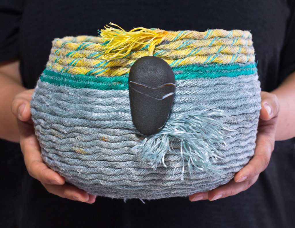 Sunbreak, Oregon Coast ghost net rope basket, fiber art by Emily Miller