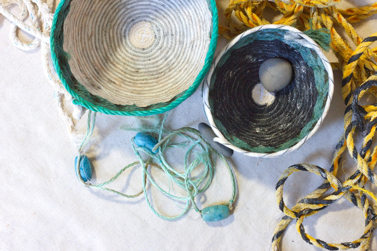 Ghost Net rope baskets - fiber art by Emily Miller