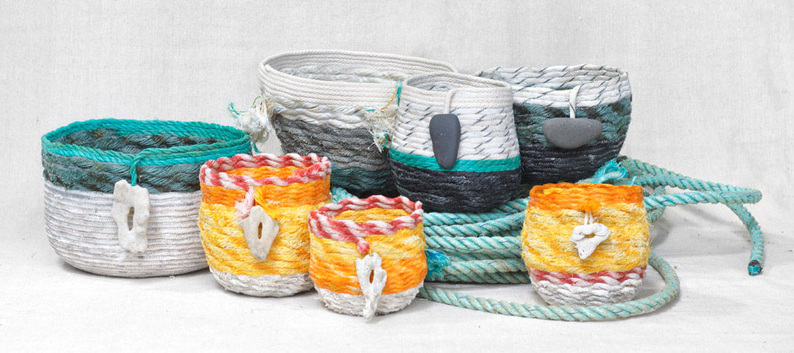 Kauai baskets - ghost net rope baskets, fiber art by Emily Miller