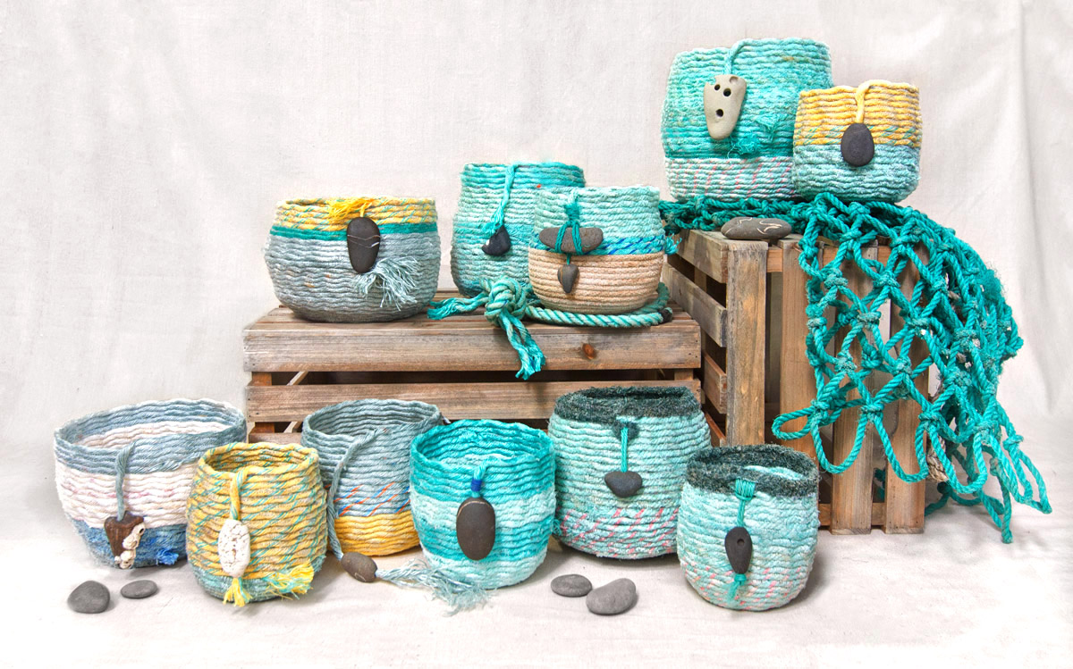 Oregon Coast baskets - ghost net rope baskets, fiber art by Emily Miller