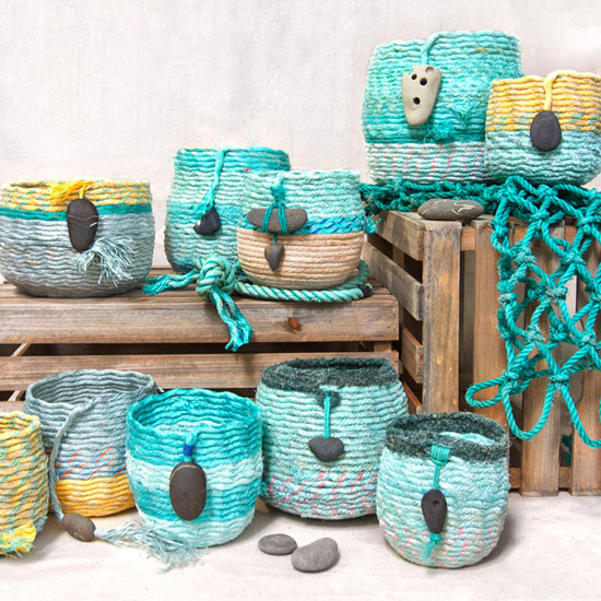 Oregon Coast baskets - ghost net rope baskets, fiber art by Emily Miller