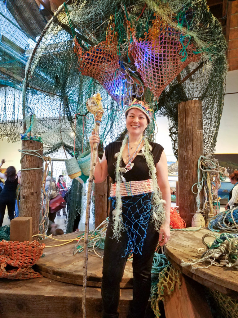 Artist Emily Miller after opening night performance in the Ghost Net Landscape installation at Elisabeth Jones Art Center, Portland Oregon