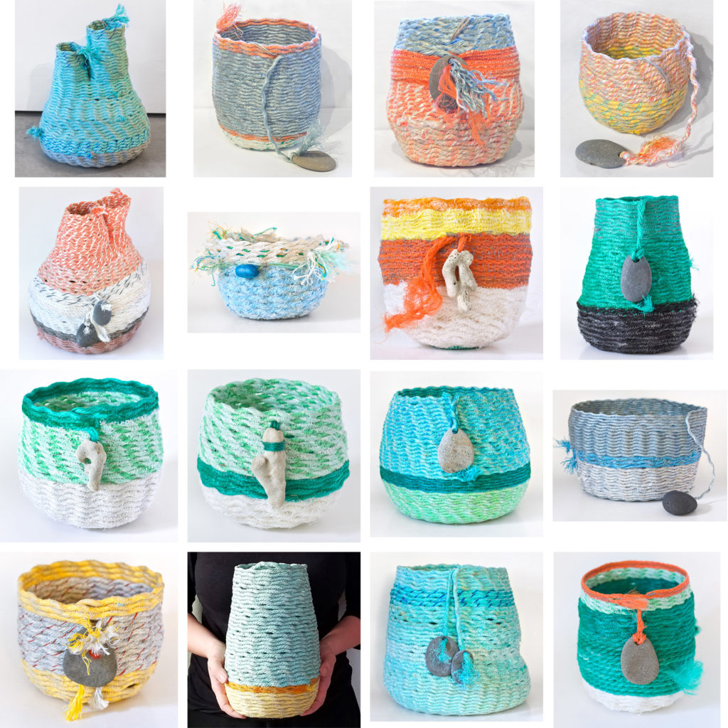 16 ghost net baskets by Emily Miller - reclaimed fishing net fiber art sculpture