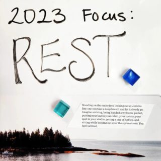 This is my "to-do" whiteboard. My 2023 focus is rest. Rest is easier for me to recommend than to practice. I am re-examining my ideas of productivity, value, goals, and worthiness.

I imagined rest to be a luxury, proof I wasn't working hard enough. What meaning is there in "enough," if it is always beyond reach?

Thanks to @haystack_school for this gentle reminder to nurture space for the expansion of breath, possibility, and being.

Image text cut from Haystack catalog: "Standing on the main deck looking out at Jericho Bay, one can take a deep breath and let it slowly go. Imagine arriving, being handed a welcome packet, putting your bag in your cabin, your tools at your spot in your studio, getting a cup of hot tea, and sitting while looking out over the spruce trees. You have arrived."