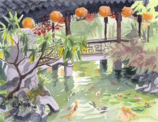 One more Mid-Autumn plein air at @lansuchinesegarden with koi to match the lanterns! This view is from 'Knowing the Fish' pavilion. The covered bridge is strung with orange lanterns for Mid-Autumn Festival.

Knowing the Fish Bridge
11x14" plein air watercolor, 2026
Prints + original on my website www.EmilyJungMiller.com/latest
.
.
.
#lansuchinesegarden #portlandchinesegarden #lansu #chinesegarden #midautumnfestival #koi #allaprima #pleinair #pleinairwatercolor #watercolor #watercolour #watercolorart #oregonartist #portlandartist #pdxartist