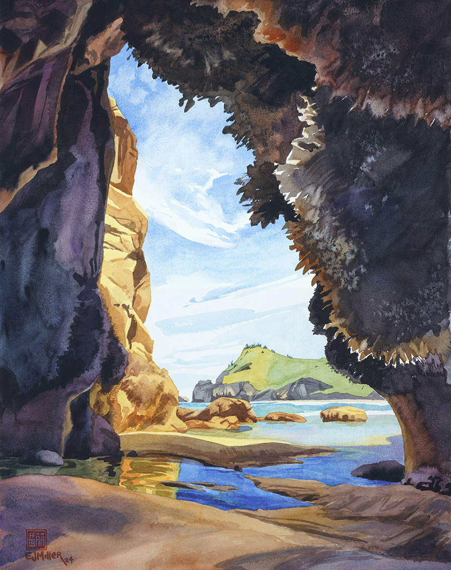Cascade Head from Treasure Cave
24" x 18"
Watercolor
2024

Featured artwork in PASSAGE, solo exhibit on display thru July 25, 2025 in the Gladys Valley Marine Studies building at Hatfield Marine Science Center, Newport, Oregon.

This incredible sea cave frames a view of Cascade Head on the central coast of Oregon. Accessible only for a few hours during the lowest tides of the year, the isolated, unnamed cave's wave-carved rock walls are encrusted with gooseneck barnacles, green anemones, and sea stars.

I had the privilege of visiting here during my 2021 artist residency at @sitkacenter. This place was a healing gift - wild, magical, and full of life at a time when I needed it most. My values shifted that year, and I've been catching up ever since - slowly learning how to stay kind, while no longer believing that I protect myself or anyone else by staying silent.

Show catalog link in my bio or visit emilyjungmiller.com/exhibits/passage
.
.
.
#oregoncoast #watercolour #watercolorart #watercolorpainting #watercolor #aquarelle #beachday #oregonartist #portlandartist #pdxartist #cascadehead #minustide #seacaves