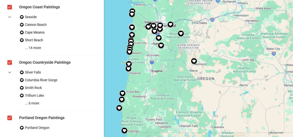 Map of paintings of Oregon landscapes by Emily Jung Miller